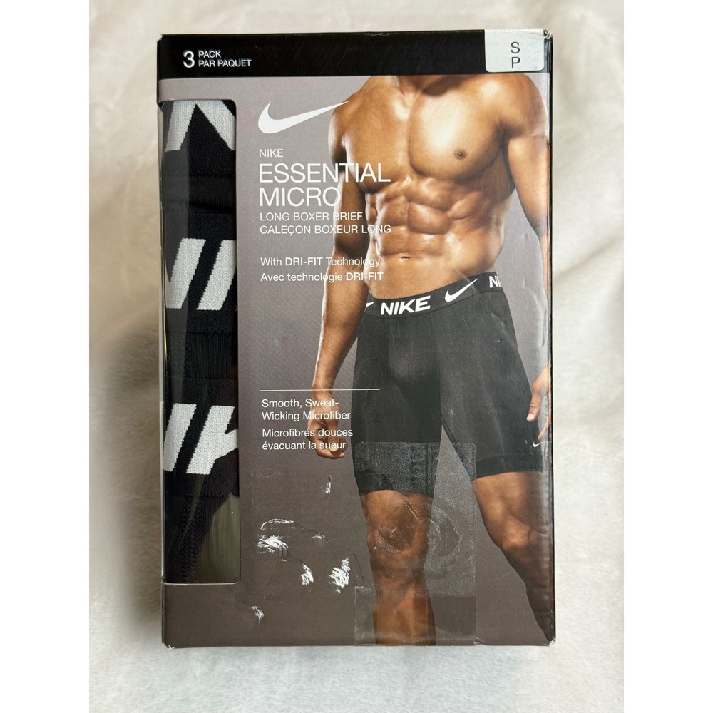 Nike Essential Micro Long Boxer Brief 3 Pack Black Small Dri-FIT Stretch New
